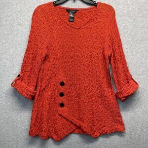 Ali Miles Textured Crinkle Top Womens Petite Small Red Blouse‎ Roll Tab Sleeve